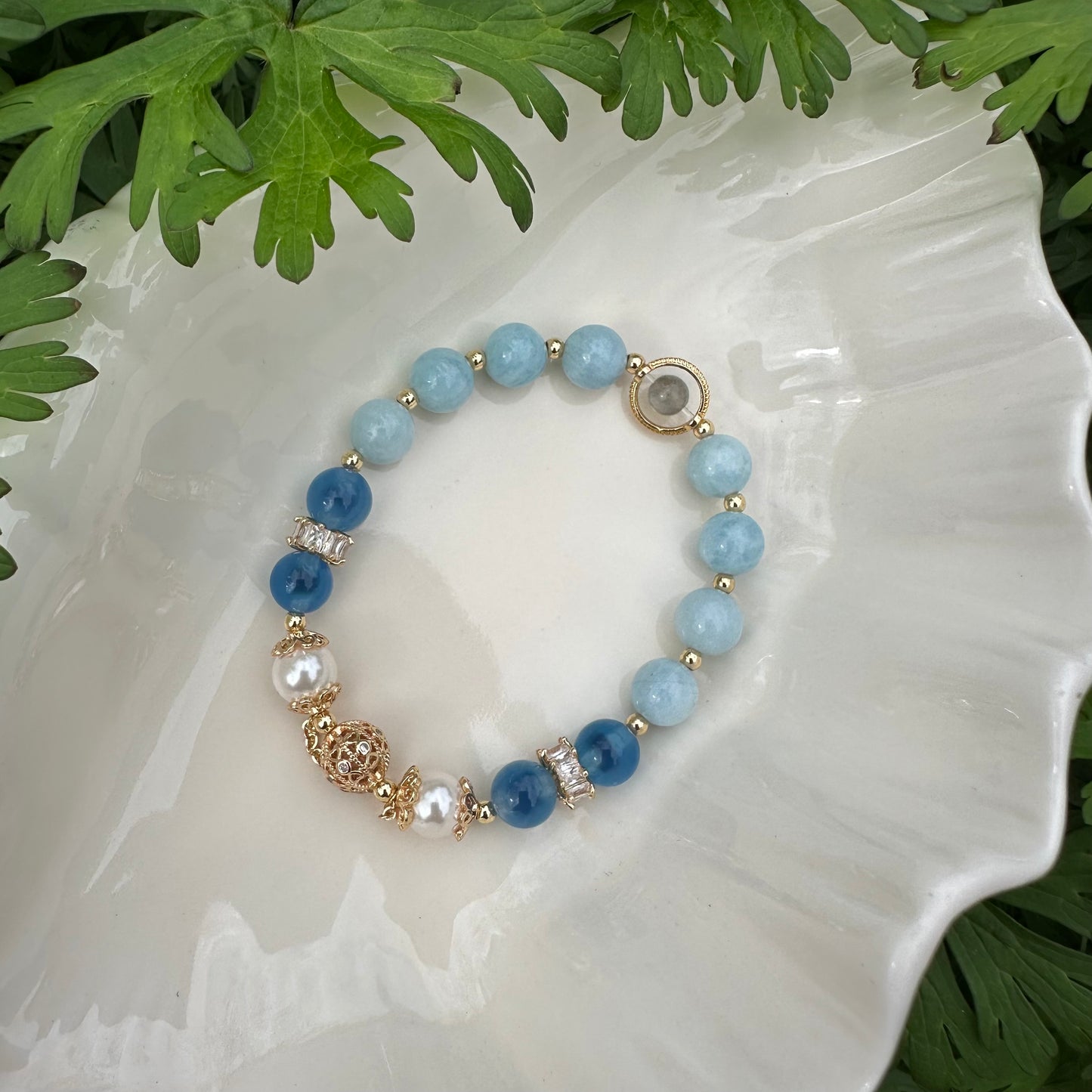 Aquamarine, Agate, Grey Moonstone & Pearl Bracelet