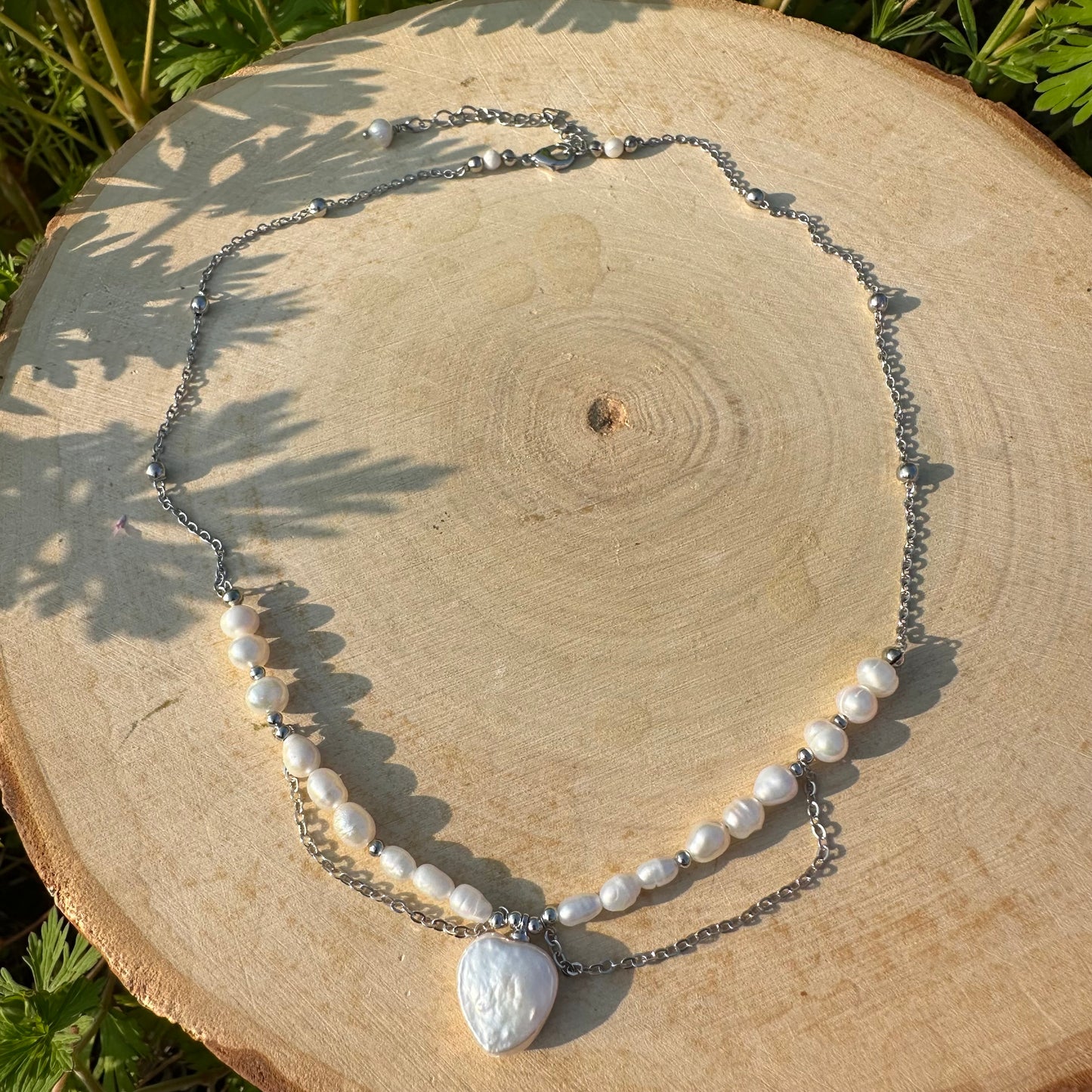 Natural Pearl Chain with Heart Pendant Necklace