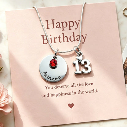 13th Birthday Gift for Girls, Personalized Name Birthstone Necklace
