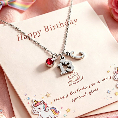 13th Birthday Gift for Girls, Personalized Initial & Birthstone Necklace