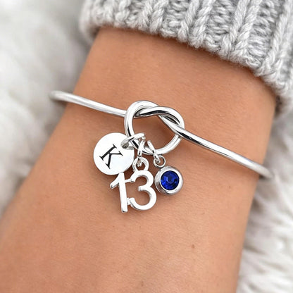 13th Birthday Gift for Girls, Personalized Initial Birthstone Bangle with Age Number Charm
