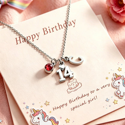 14th Birthday Gift for Girls, Personalized Initial & Birthstone Necklace