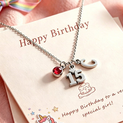 15th Birthday Gift for Girls, Personalized Initial & Birthstone Necklace