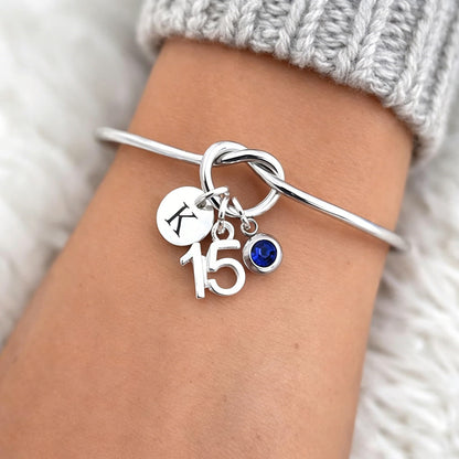 15th Birthday Gift for Girls, Personalized Initial Birthstone Bangle with Age Number Charm