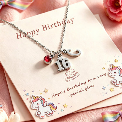 16th Birthday Gift for Girls, Personalized Initial & Birthstone Necklace