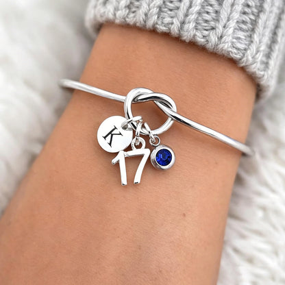 17th Birthday Gift for Girls, Personalized Initial Birthstone Bangle with Age Number Charm