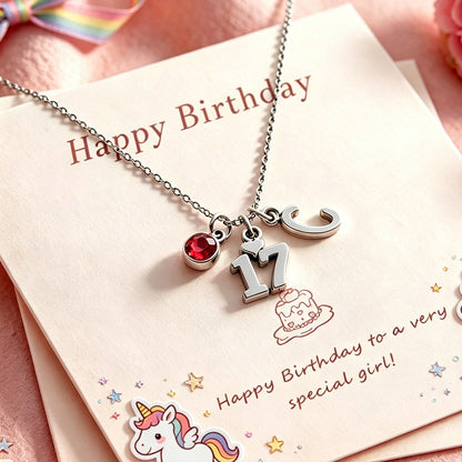 17th Birthday Gift for Girls, Personalized Initial & Birthstone Necklace