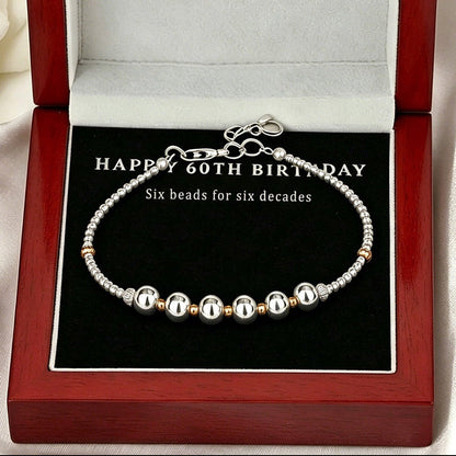 60th Birthday Sterling Silver Bead Bracelet, Milestone Jewelry Gift for Mom