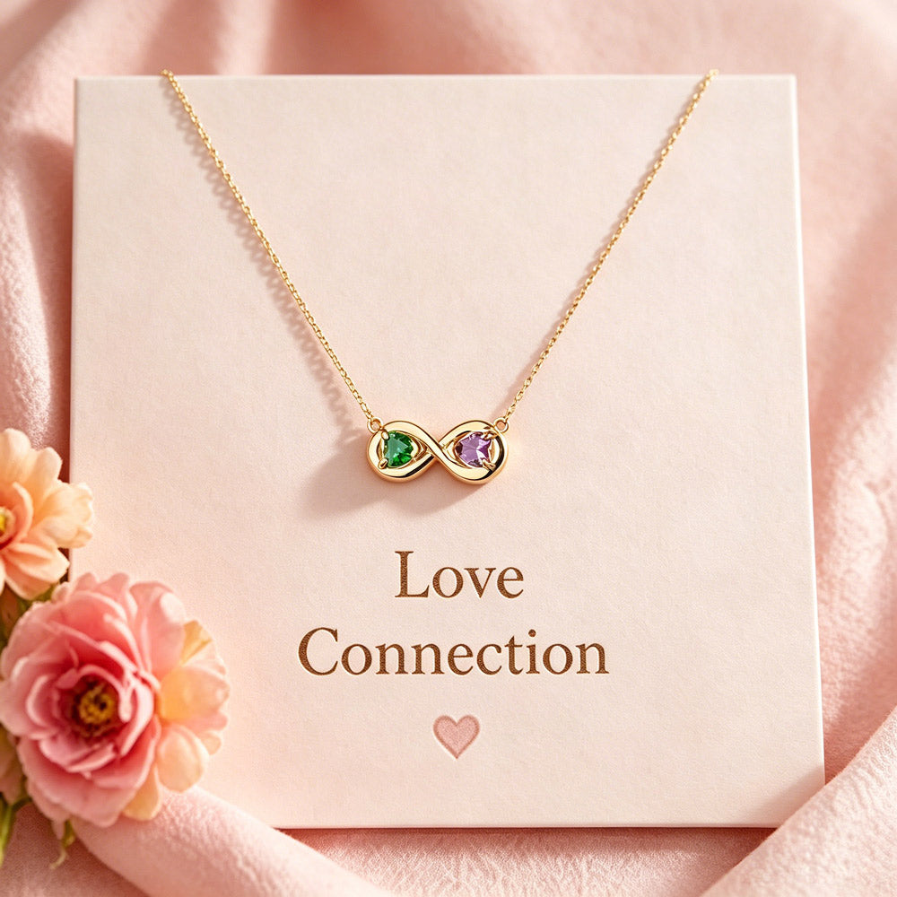 14k Gold Infinity Necklace with Heart Birthstones, Custom Jewelry for Wife, Romantic Gift for Women, Birthstone Jewelry