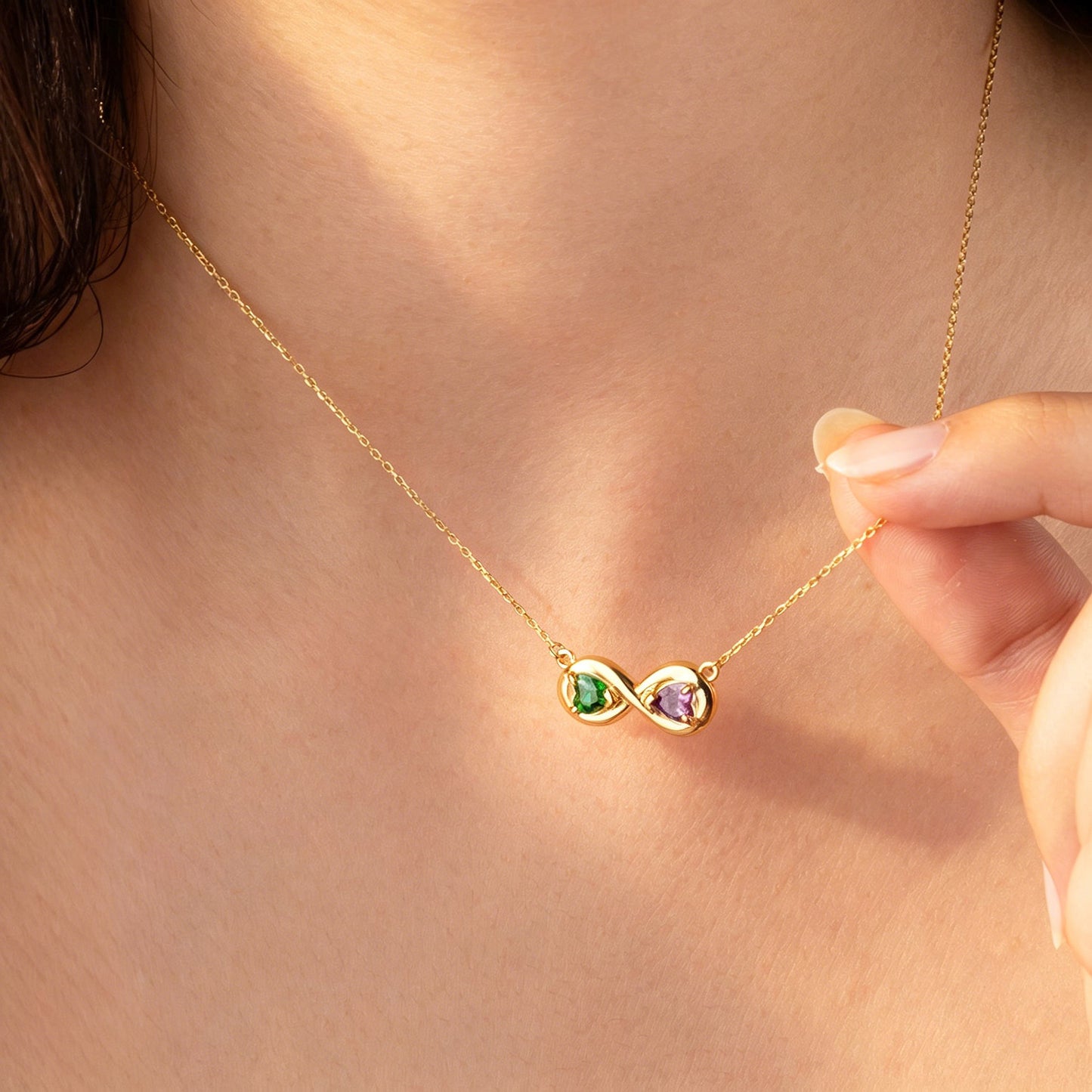 14k Gold Infinity Necklace with Heart Birthstones, Custom Jewelry for Wife, Romantic Gift for Women, Birthstone Jewelry