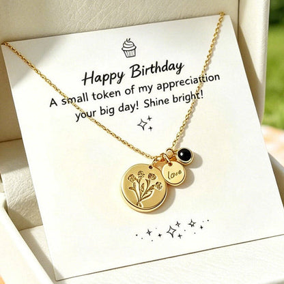 Personalized Birthflower Bouquet Necklace with Name & Birthstone, Sterling Silver Love Charm Jewelry
