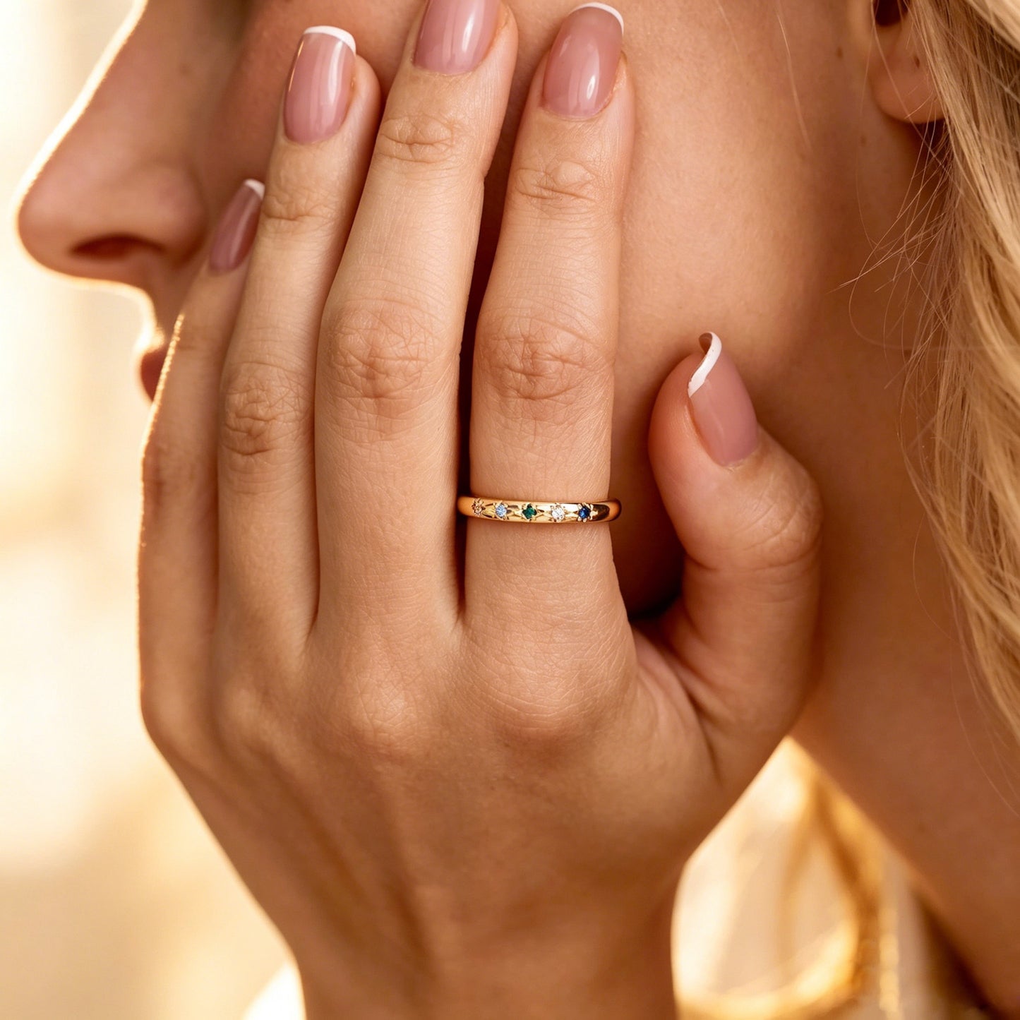 Custom Birthstone Star Ring, Personalized Family Ring, Gold Plated Stackable Ring, Celestial Jewelry, Mom Gift, Anniversary Gift for her