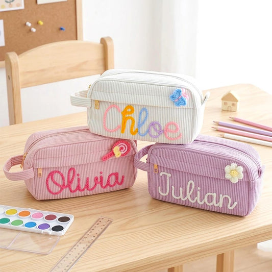 Personalized Corduroy Pencil Case, Back to School Gift, Custom Yarn Name Pencil Bag