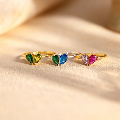 Personalized Heart Birthstone Ring, Mother's Ring with 2 Birthstones