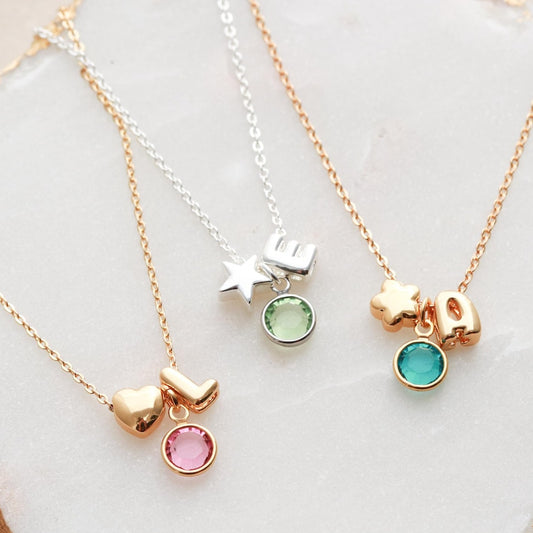 Birthday Gift for Girls, Personalized Initial Birthstone Necklace, Dainty Letter & Birthstone Jewelry for Kids