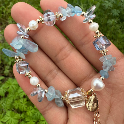 Aquamarine & Pearl Faceted Bead Bracelet