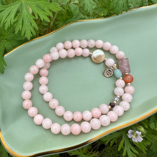 Pink Morganite, Red Agate, Amazonite, Shell, Strawberry Quartz & Garnet Bracelet