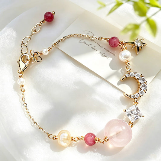 Rose Quartz Pearl Star & Moon Bracelet
