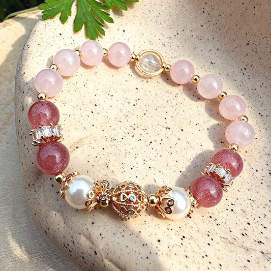 Rose Quartz Strawberry Quartz & Freshwater Pearl Bracelet