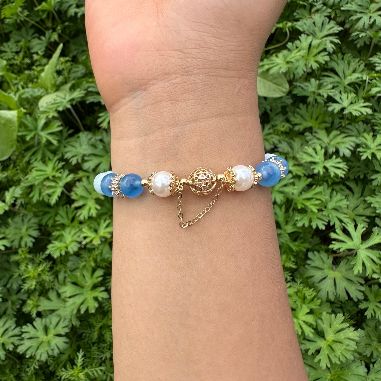 Aquamarine, Agate, Grey Moonstone & Pearl Bracelet