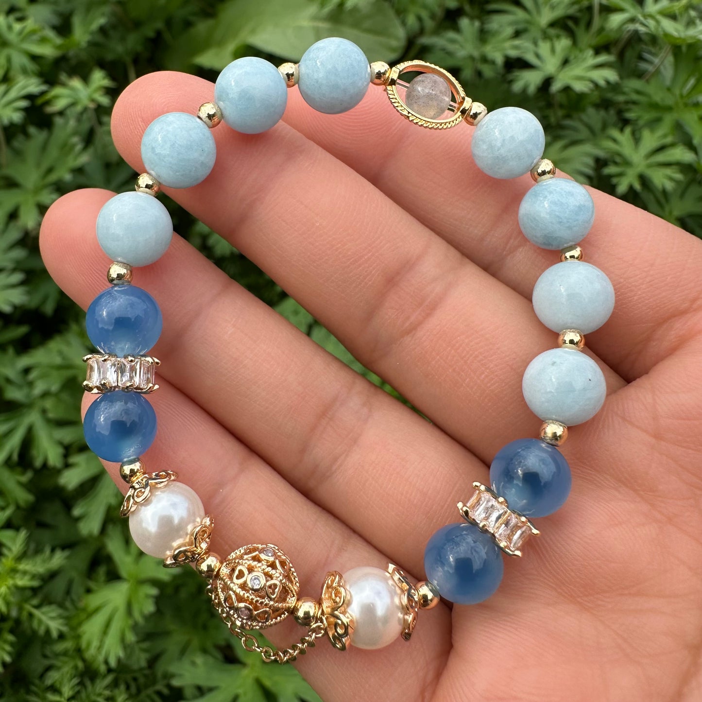 Aquamarine, Agate, Grey Moonstone & Pearl Bracelet