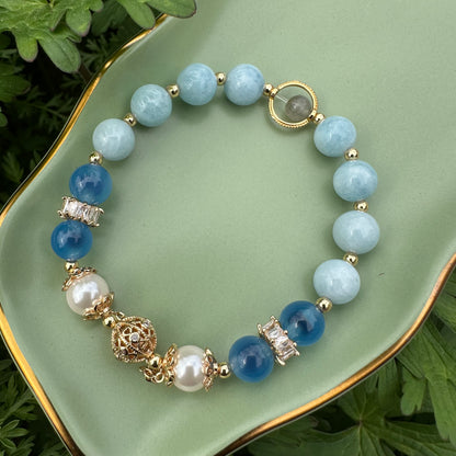 Aquamarine, Agate, Grey Moonstone & Pearl Bracelet