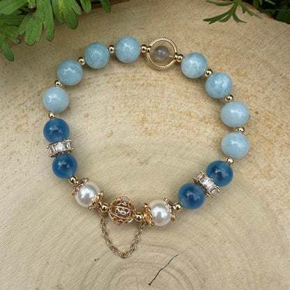 Aquamarine, Agate, Grey Moonstone & Pearl Bracelet