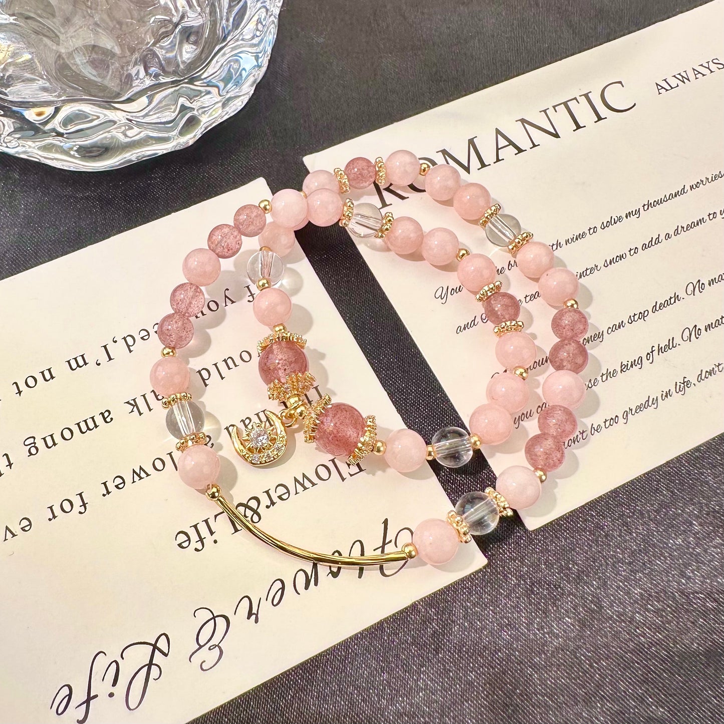 Strawberry Quartz Moon Bunny Double Layer Bracelet