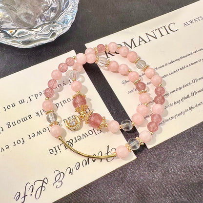 Strawberry Quartz Moon Bunny Double Layer Bracelet