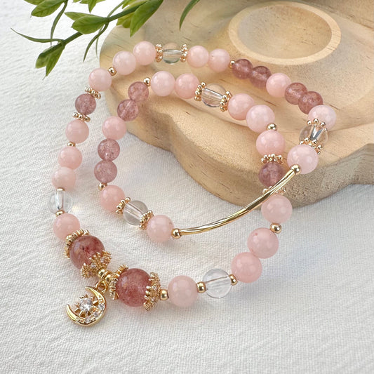 Strawberry Quartz Moon Bunny Double Layer Bracelet