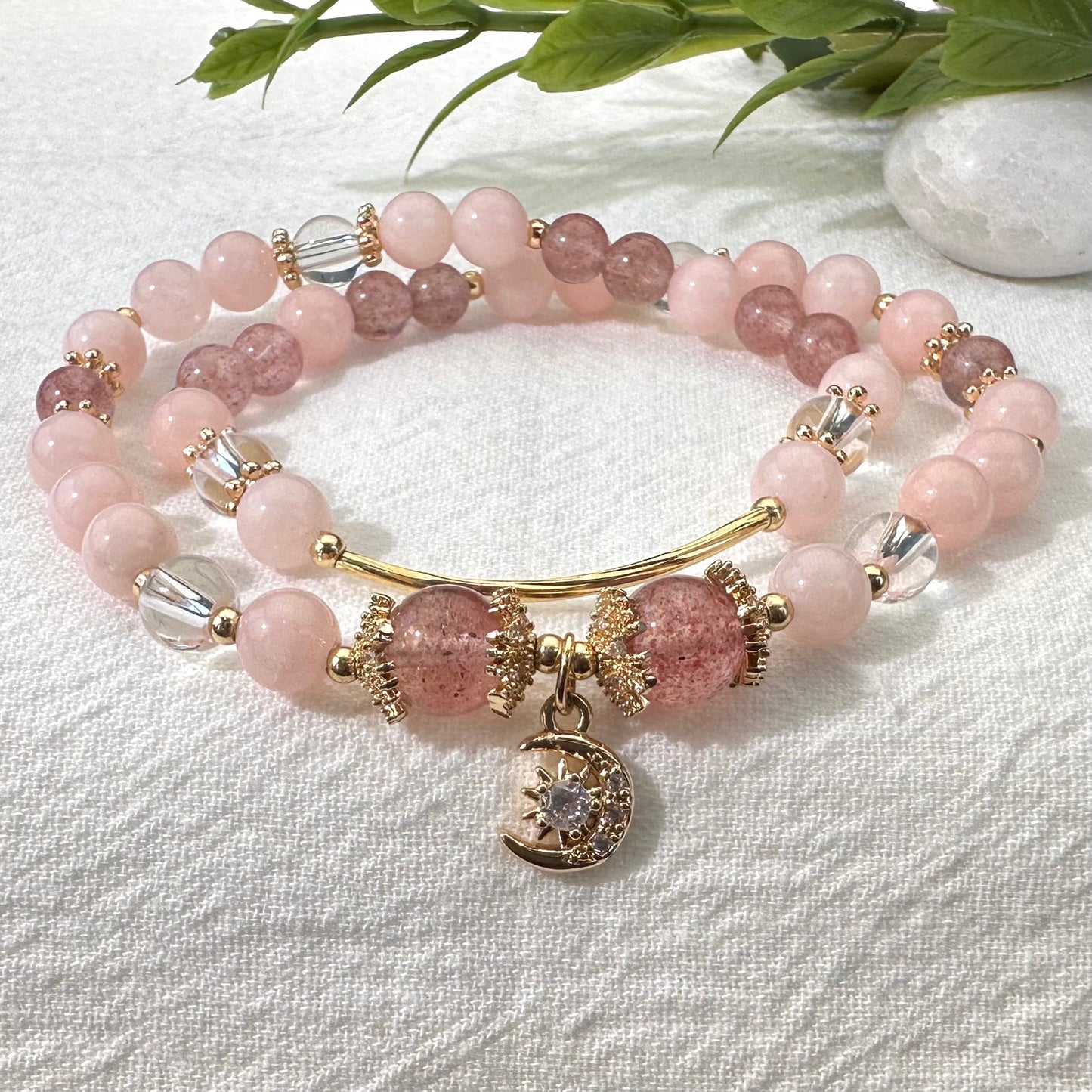 Strawberry Quartz Moon Bunny Double Layer Bracelet