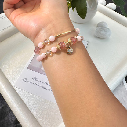 Strawberry Quartz Moon Bunny Double Layer Bracelet
