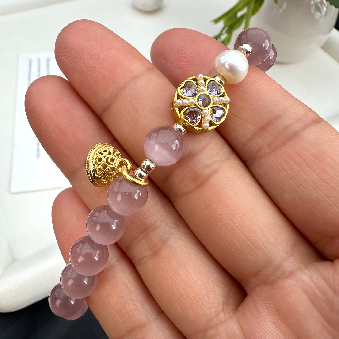 Cat Eye Pearl Bell Bracelet