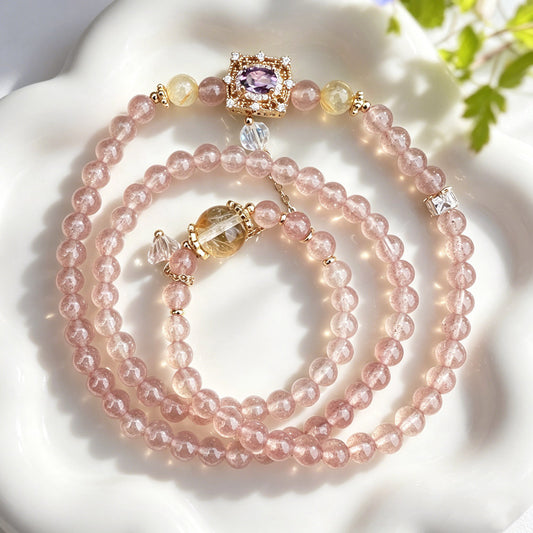 Natural Strawberry Quartz & Triple-Layer Citrine Bracelet