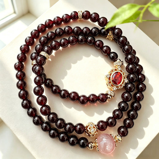 Garnet Resin Flower Triple-Layer Bracelet