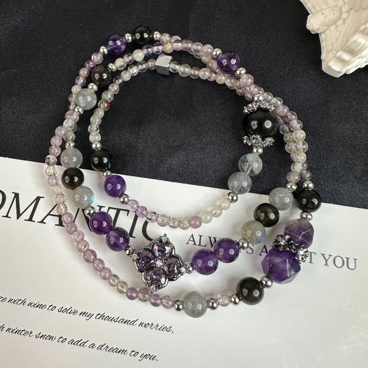 Gold Obsidian, Amethyst & Gray Moonstone Triple Layer Bracelet