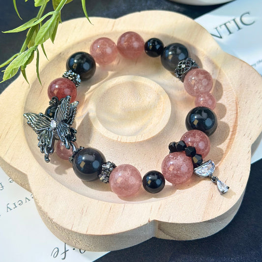 Strawberry Quartz & Silver Obsidian Bracelet