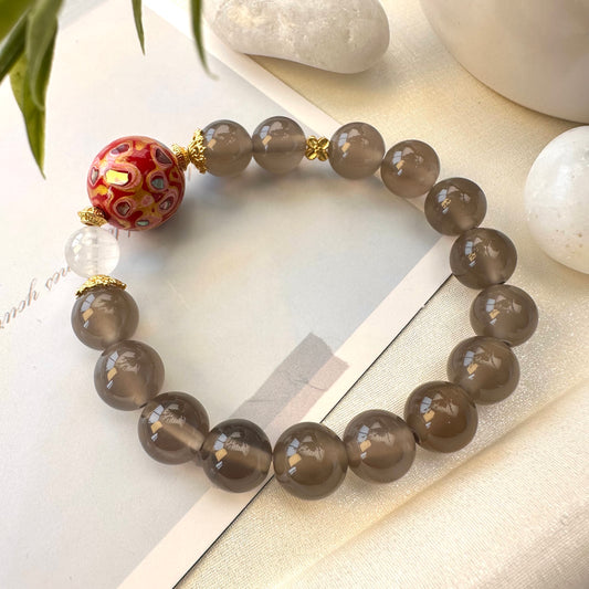 Gray Agate & Red Large Bead Bracelet