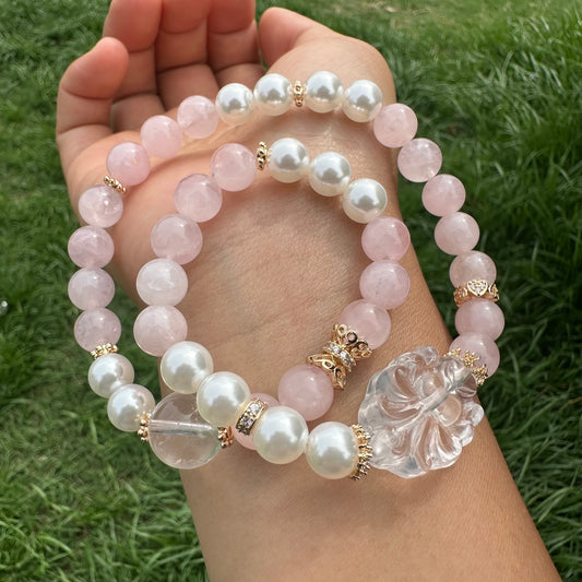 Clear Quartz Fish Carving, Pearl & Rose Quartz Bracelet