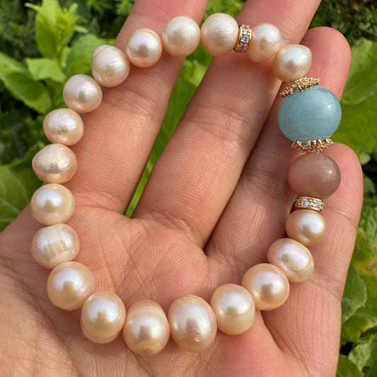 Natural Freshwater Pearl & Aquamarine Bracelet