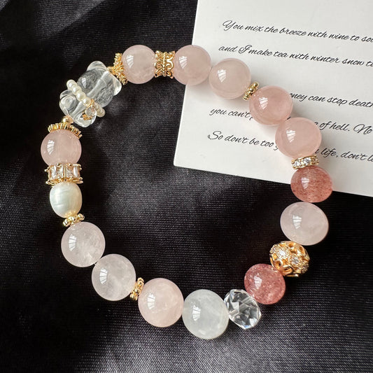 Rose Quartz, Clear Quartz & Bear Bracelet