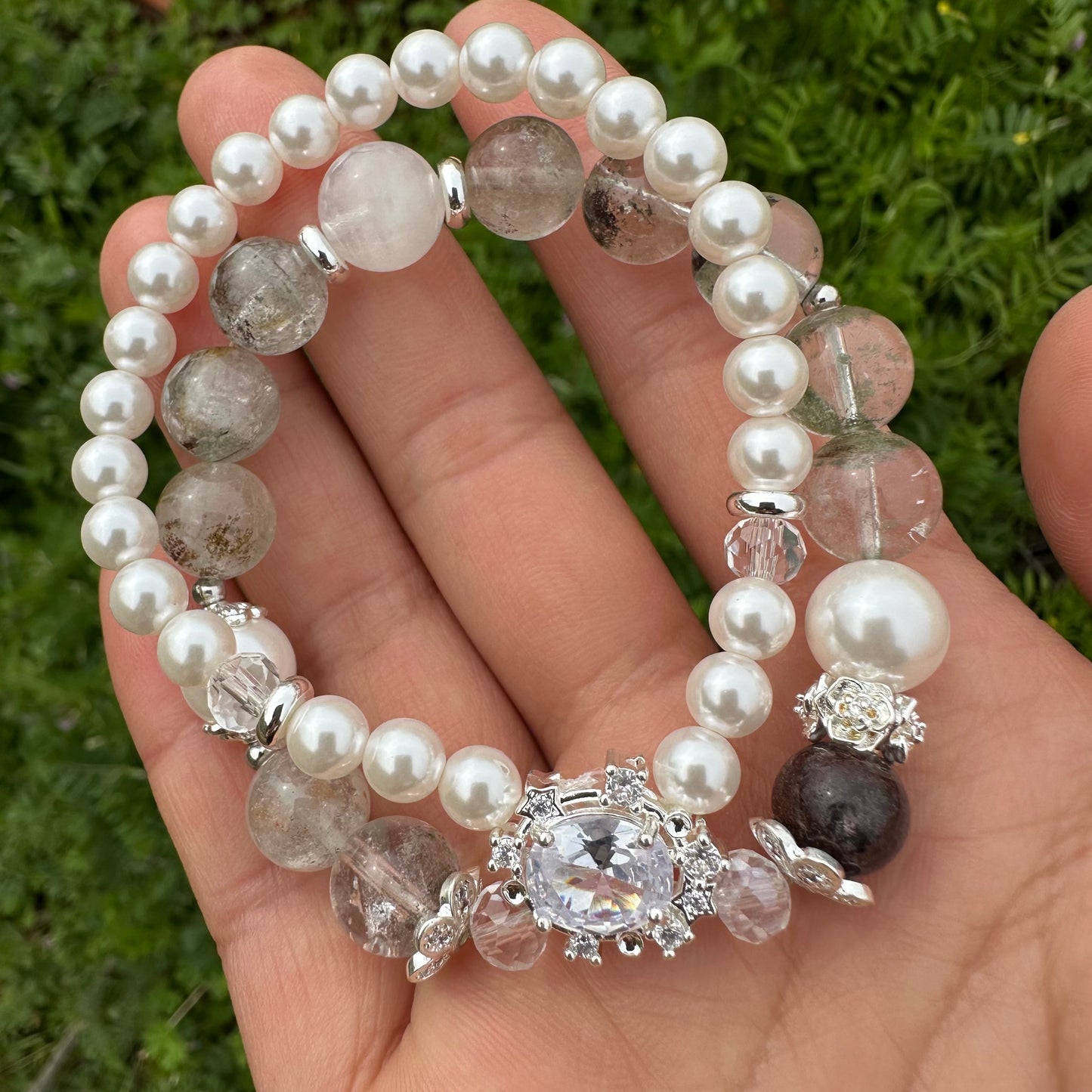 Pearl & Green Phantom Quartz Bracelet