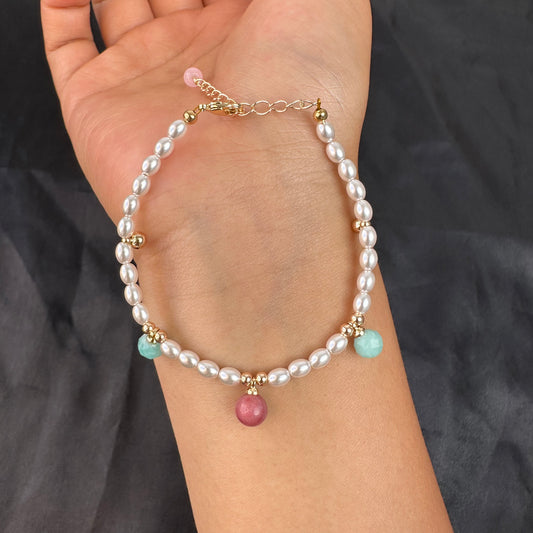 Natural Rhodochrosite, Amazonite & Pearl Bracelet