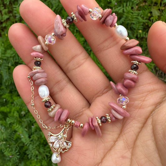 Natural Pearl & Red Wood Grain Bracelet