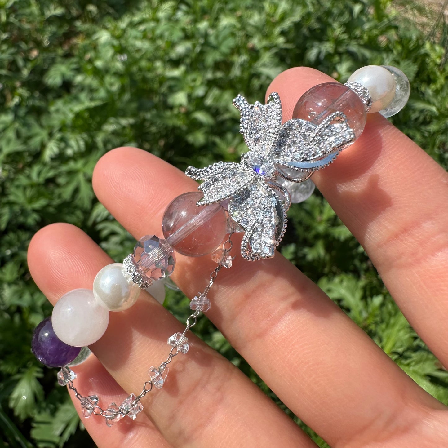 Delicate Butterfly Pearl & Amethyst Bracelet