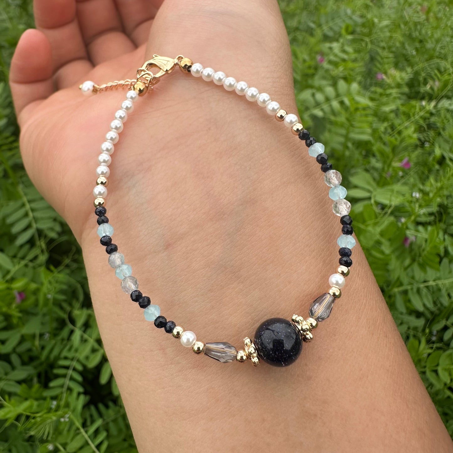 Blue Goldstone & Grey Moonstone Bracelet