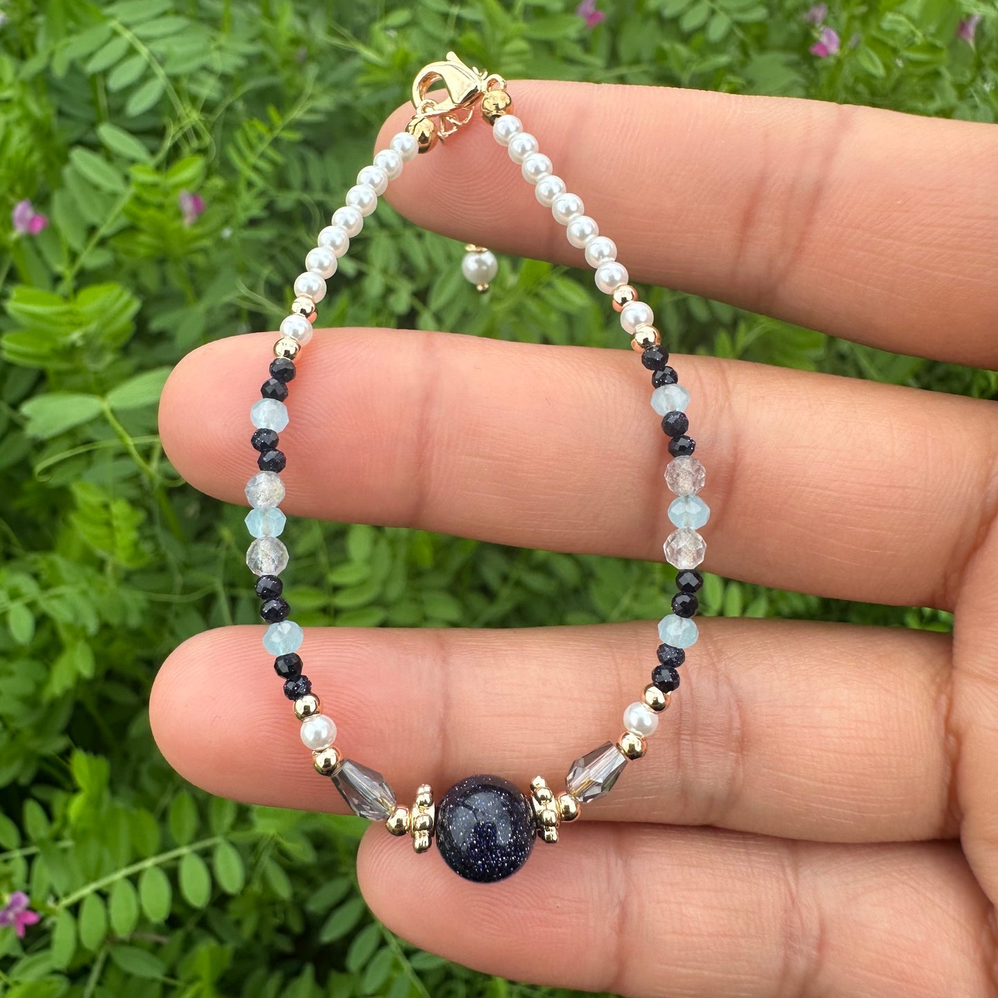 Blue Goldstone & Grey Moonstone Bracelet