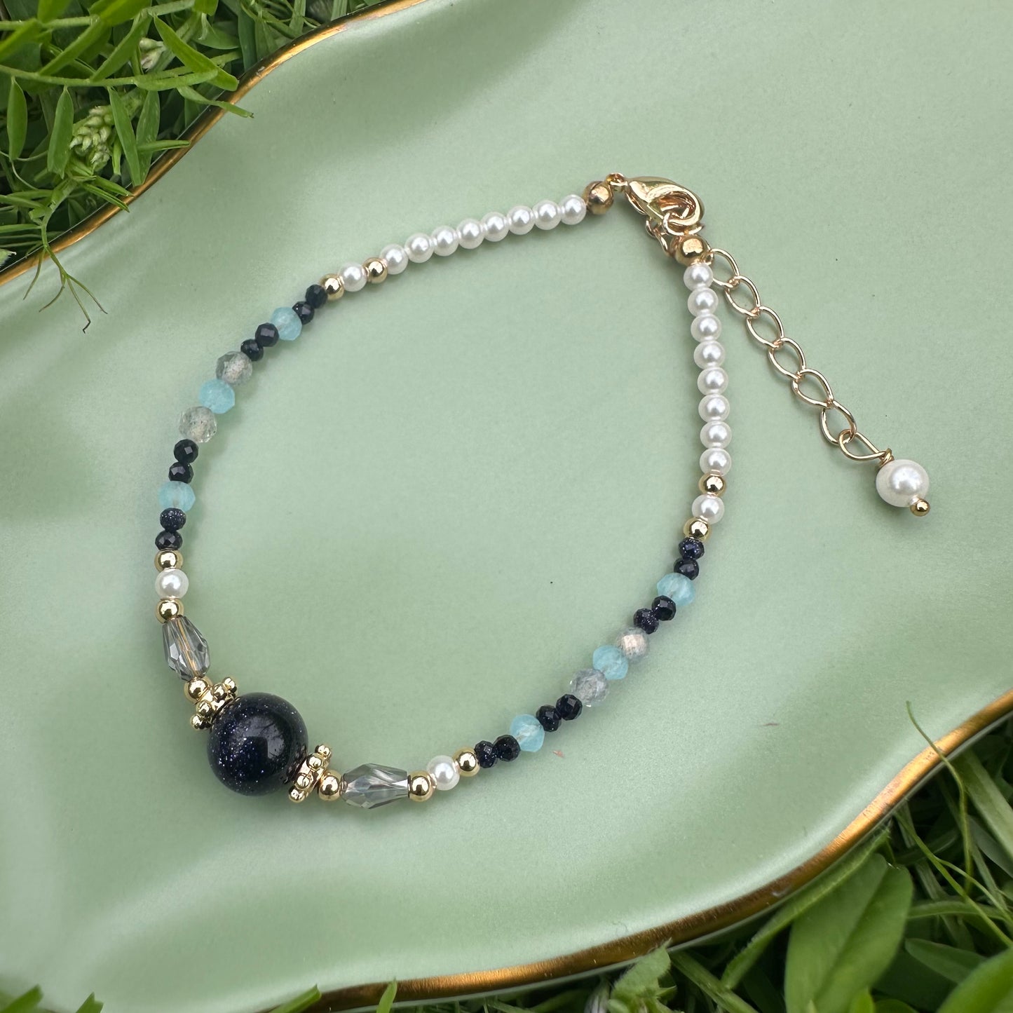 Blue Goldstone & Grey Moonstone Bracelet