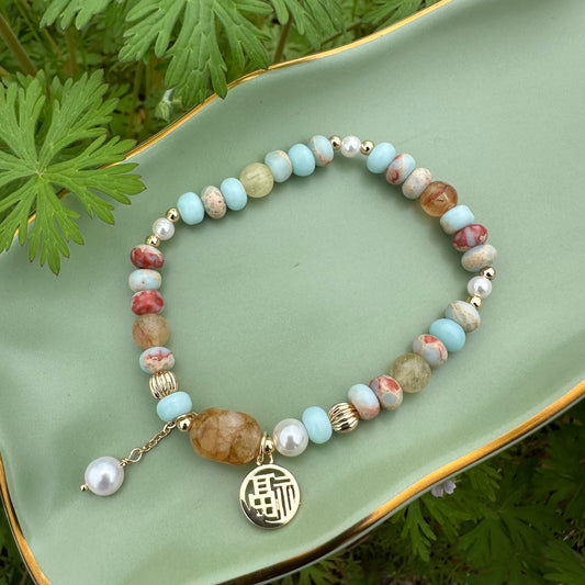Shoushan Stone & Yellow Floral Resin Bracelet
