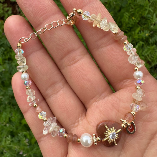 Yellow Tone Heart Pearl Bracelet
